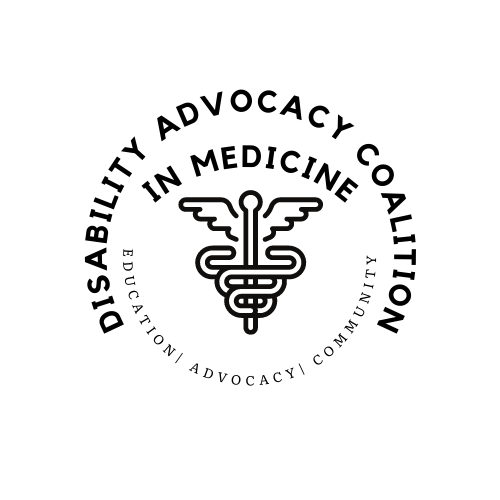 The Disability Advocacy in Medicine logo featuring their name surrounding a caduceus, a symbol with two snakes wrapped around a staff.
