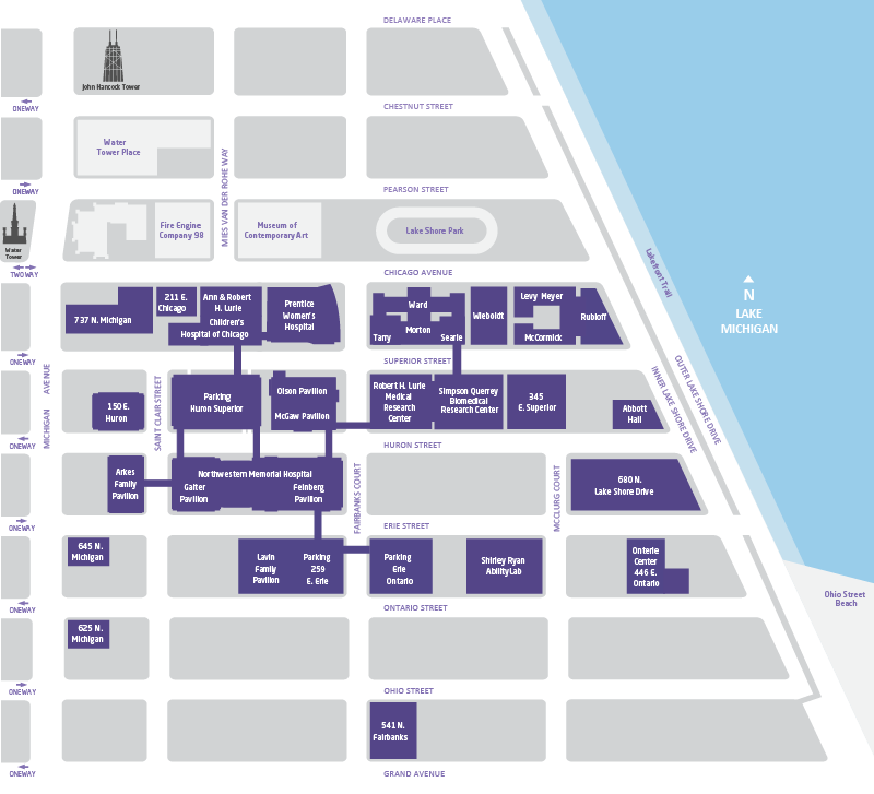 Map of Feinberg School of Medicine's Chicago campus.