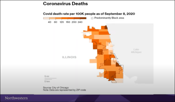 Color map of Chicago showing greater burden of COVID-19 in areas where more people of color live