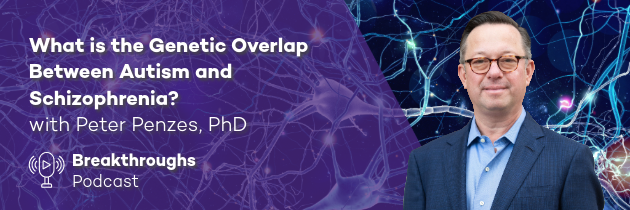 Promotional graphic for a Breakthroughs Podcast episode titled, “What is the Genetic Overlap Between Autism and Schizophrenia? with Peter Penzes, PhD.” The design includes a purple overlay with white text on the left and a portrait of Peter Penzes on the right, where he’s standing in front of a stylized background of neurons and neural connections in shades of blue and purple. The Breakthroughs Podcast logo appears beneath the title.