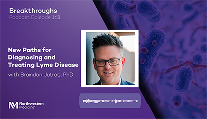 Promotional graphic for the Breakthroughs podcast episode on new paths for diagnosing and treating Lyme disease
