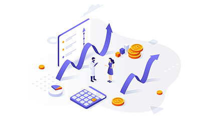 graphic of man and woman talking, coins, calculator, and upward arrow