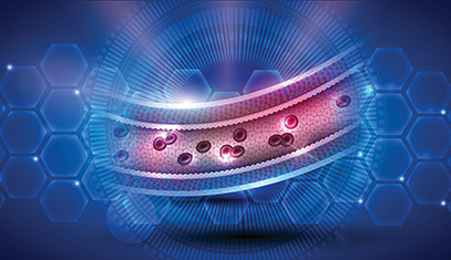 digital rendering of blood cells flowing through artery