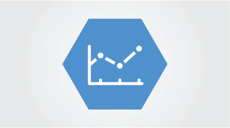 Icon representing the data analytics core. a blue hexagon with a graph line. accompanies the core description and link to the webpage.
