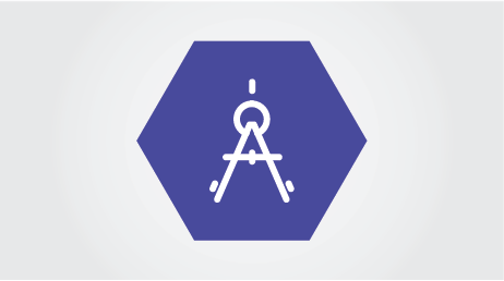 icon representing The Healthcare System & Technology Design Core. A purple hexagon with a compass drawing tool. accompanies core description and link to web page. 