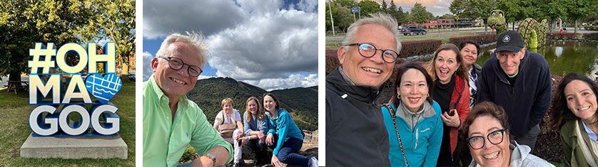 colleage of MAGOG sign, people hiking, and people in front of a pond